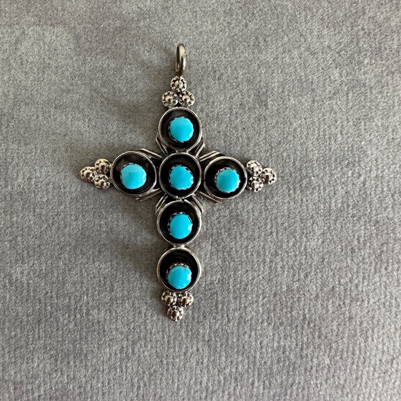 Source Unknown Jewelry - Turquoise & Sterling Silver Indian Cross Pendant
